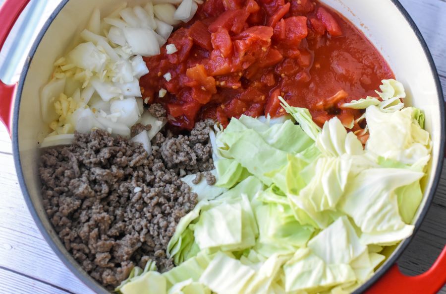 cabbage roll ingredients in pot
