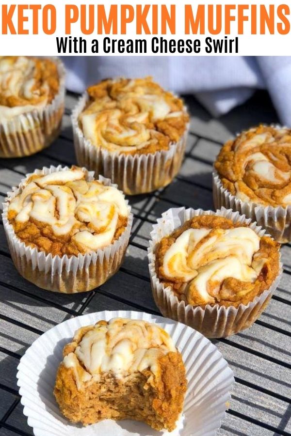 Keto pumkin muffins with a cream cheese swirl