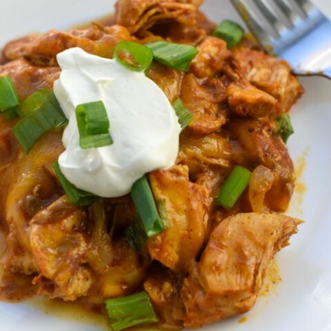 chicken enchilada casserole topped with green onions and sour cream on white plate
