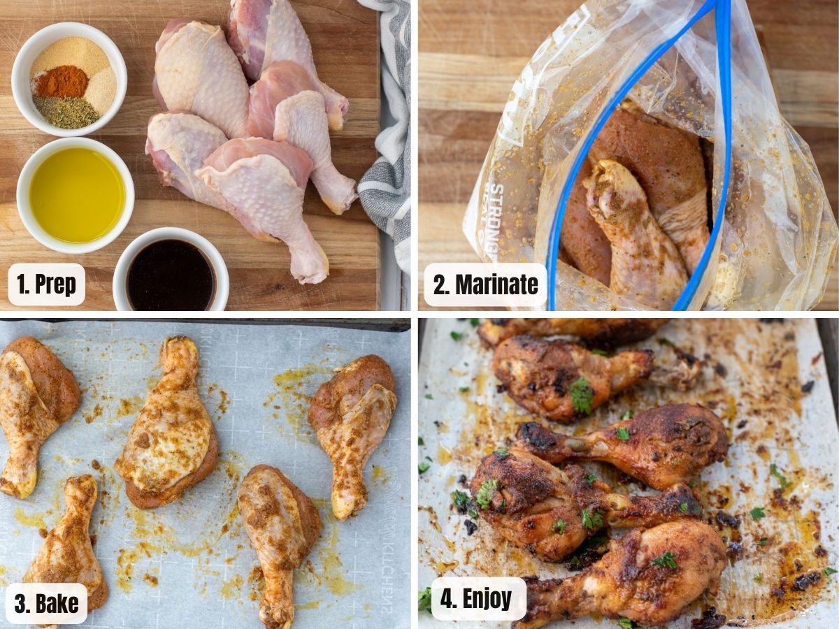 collage instructions on how to make baked chicken drumsticks