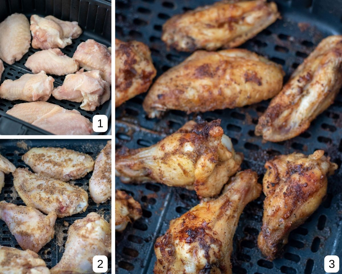 step by step photo collage frozen chicken wings in air fryer