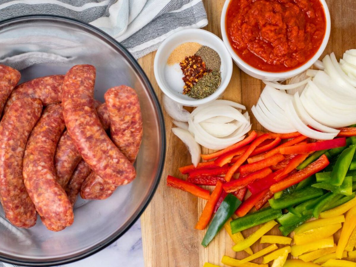 ingredients for crockpot sausage and peppers